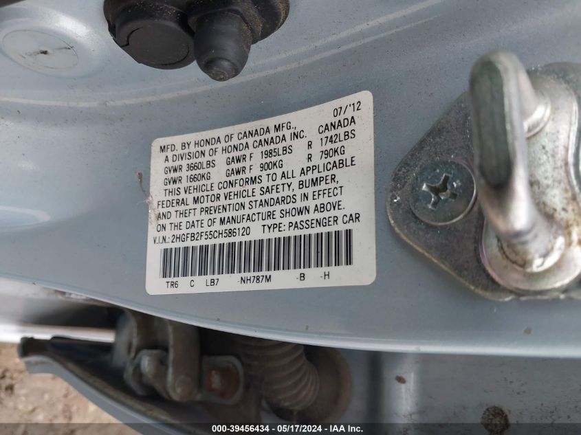 2012 Honda Civic Lx VIN: 2HGFB2F55CH586120 Lot: 39456434