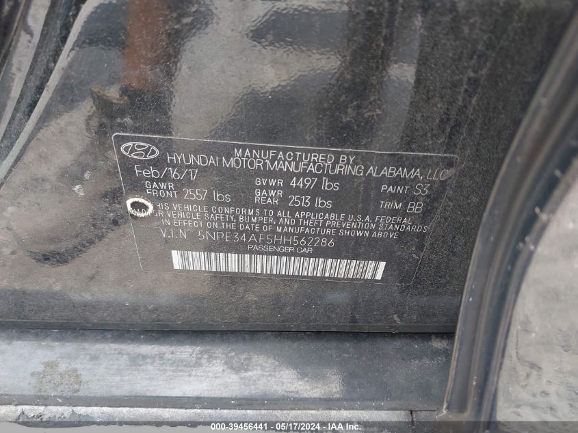2017 Hyundai Sonata Limited VIN: 5NPE34AF5HH562286 Lot: 39456441