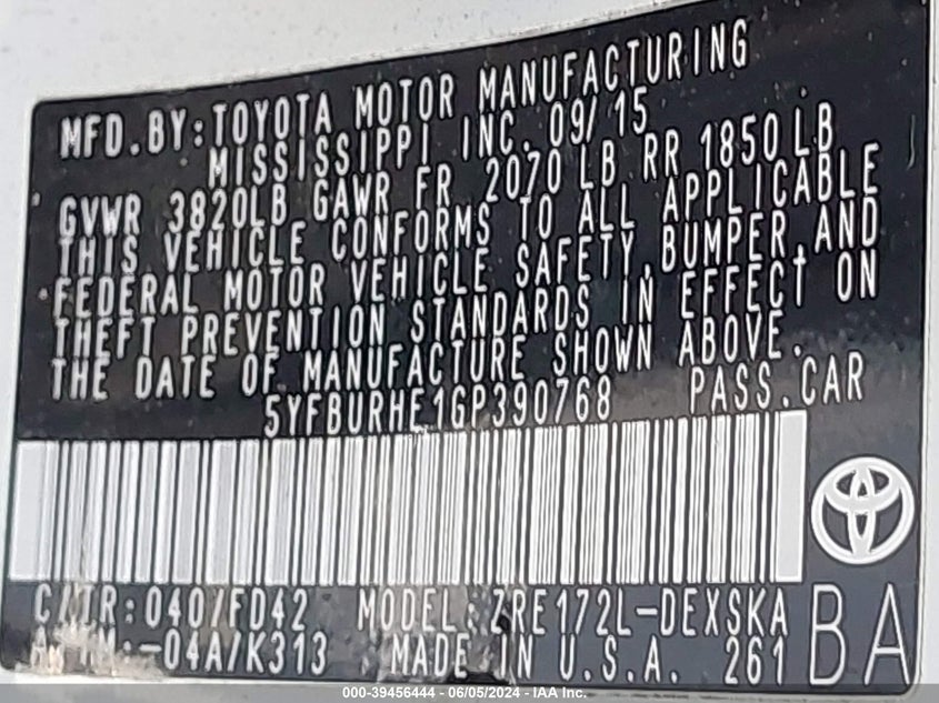 2016 Toyota Corolla S Plus VIN: 5YFBURHE1GP390768 Lot: 39456444