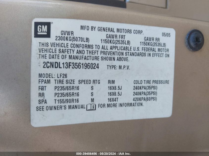 2005 Chevrolet Equinox Ls VIN: 2CNDL13F356196024 Lot: 39456456