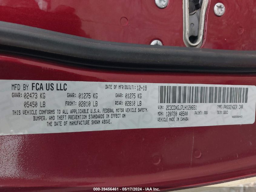 2020 Dodge Charger Scat Pack Rwd VIN: 2C3CDXGJ7LH120651 Lot: 39456461