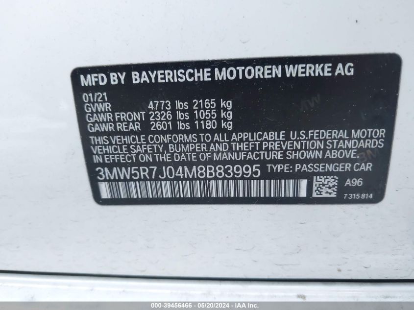 2021 BMW 330I xDrive VIN: 3MW5R7J04M8B83995 Lot: 39456466