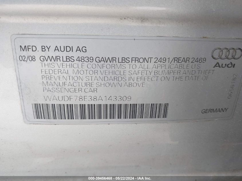 2008 Audi A4 2.0T/2.0T Special Edition VIN: WAUDF78E38A143309 Lot: 39456468