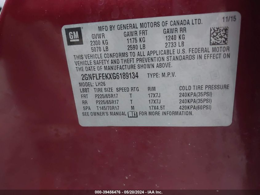 2016 Chevrolet Equinox Lt VIN: 2GNFLFEKXG6189134 Lot: 39456476