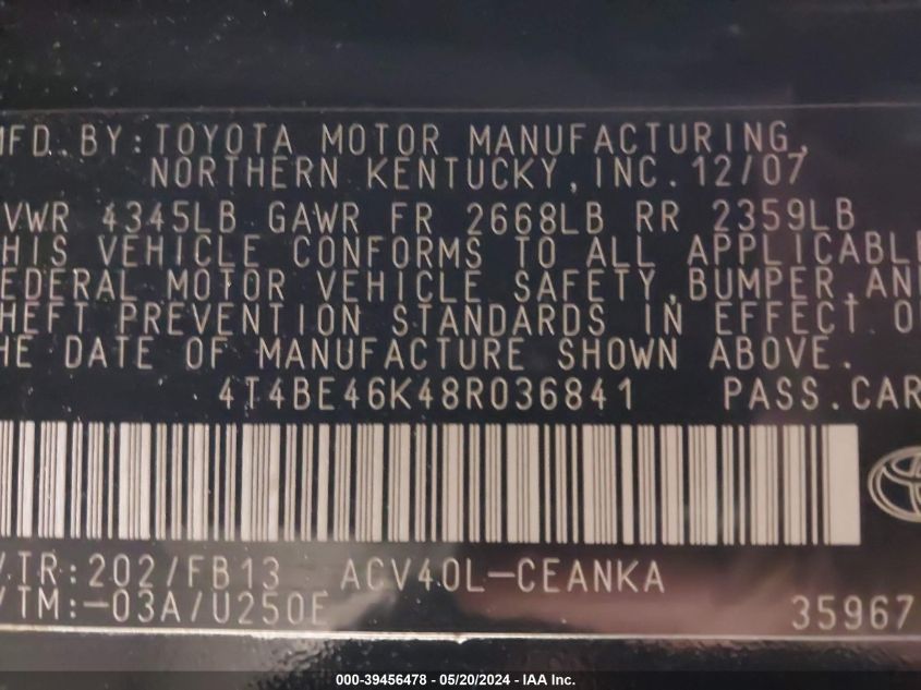 2008 Toyota Camry Le VIN: 4T4BE46K48R036841 Lot: 39456478