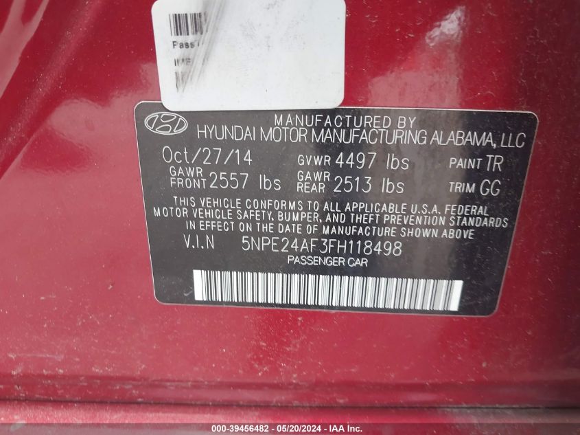 2015 Hyundai Sonata Se VIN: 5NPE24AF3FH118498 Lot: 39456482