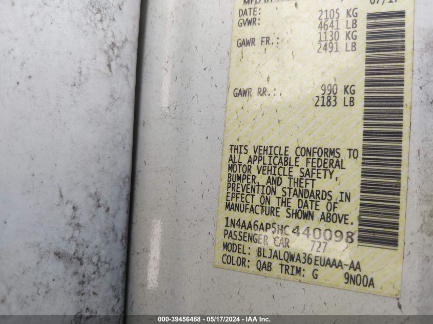 2017 Nissan Maxima 3.5 S VIN: 1N4AA6AP5HC440098 Lot: 39456488