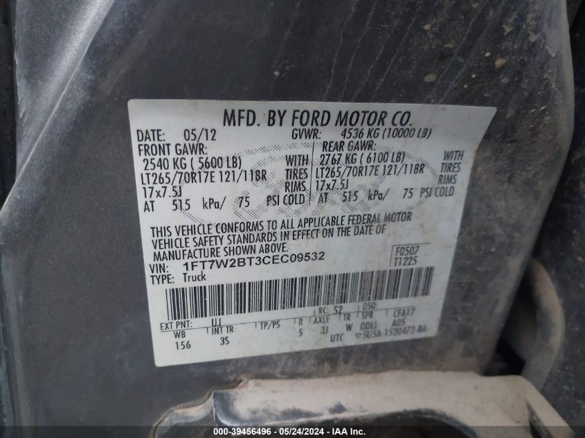 2012 Ford F-250 Xlt VIN: 1FT7W2BT3CEC09532 Lot: 39456496