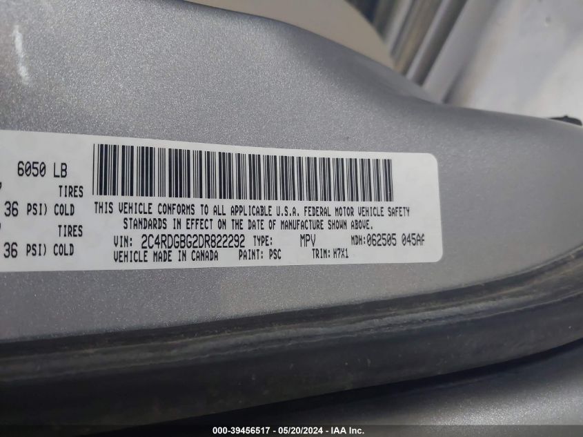 2013 Dodge Grand Caravan Se VIN: 2C4RDGBG2DR822292 Lot: 39456517