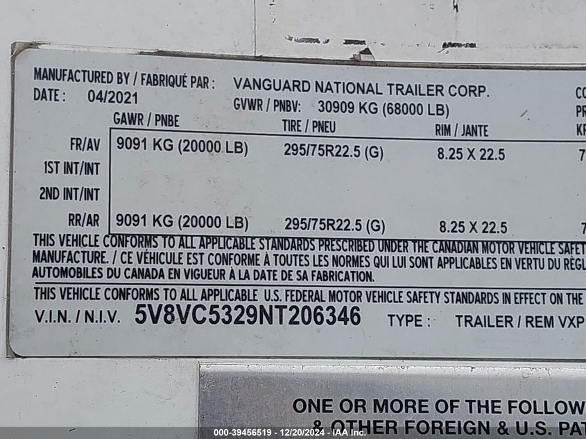 2022 VANGUARD NATIONAL UNKNOWN(VIN: 5V8VC5329NT206346