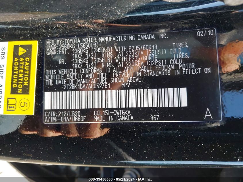 2010 Lexus Rx 350 VIN: 2T2BK1BA7AC052761 Lot: 39456530