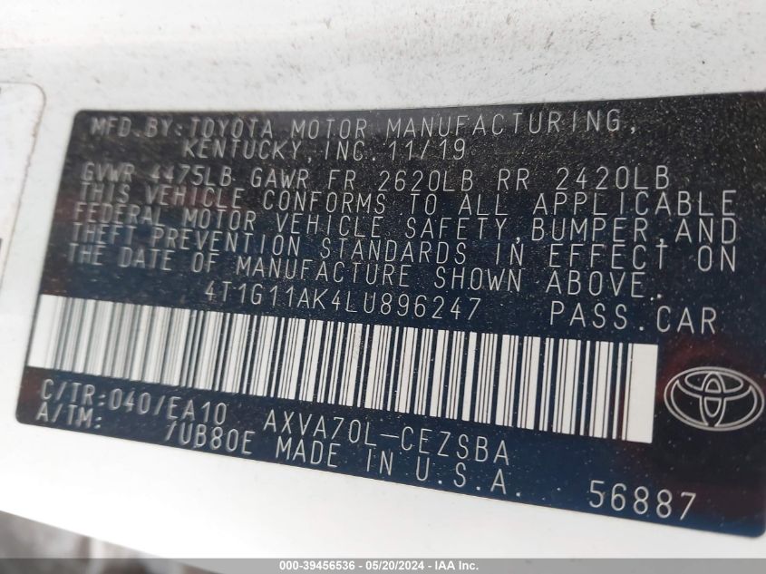 4T1G11AK4LU896247 2020 Toyota Camry Se