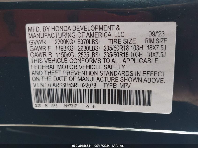 2024 Honda Cr-V Hybrid Sport VIN: 7FARS6H53RE022078 Lot: 39456541