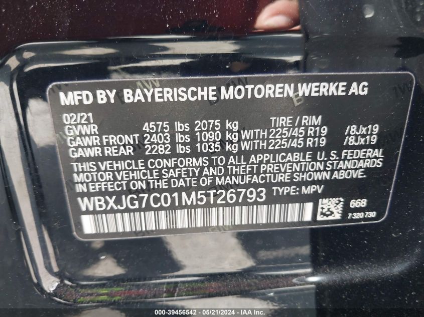2021 BMW X1 Sdrive28I VIN: WBXJG7C01M5T26793 Lot: 39456542