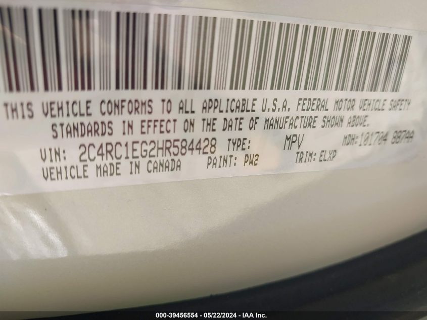 2017 Chrysler Pacifica Touring-L Plus VIN: 2C4RC1EG2HR584428 Lot: 39456554