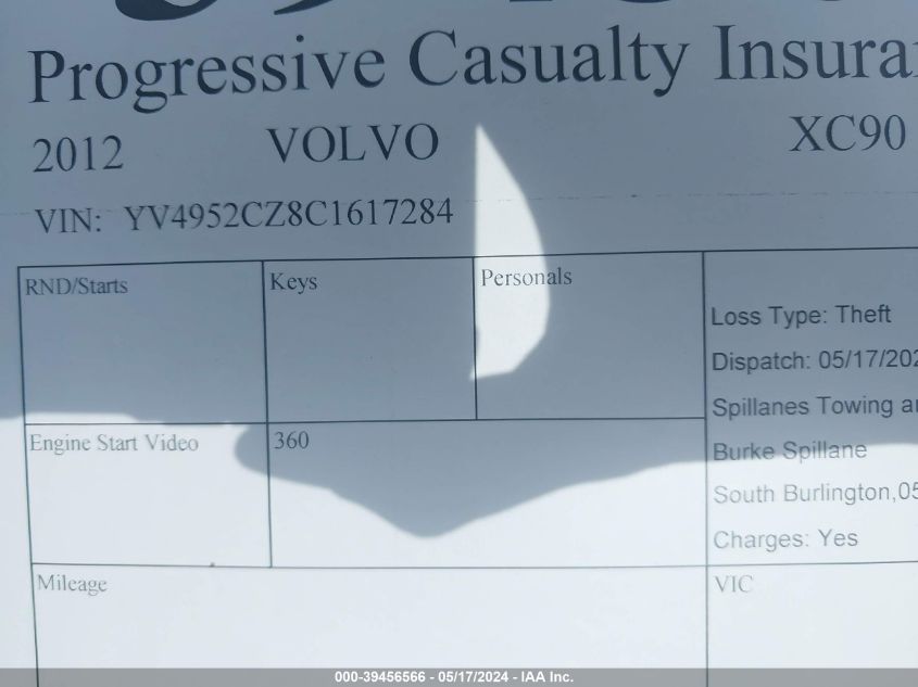 2012 Volvo Xc90 3.2/3.2 Platinum/3.2 Premier Plus VIN: YV4952CZ8C1617284 Lot: 39456566