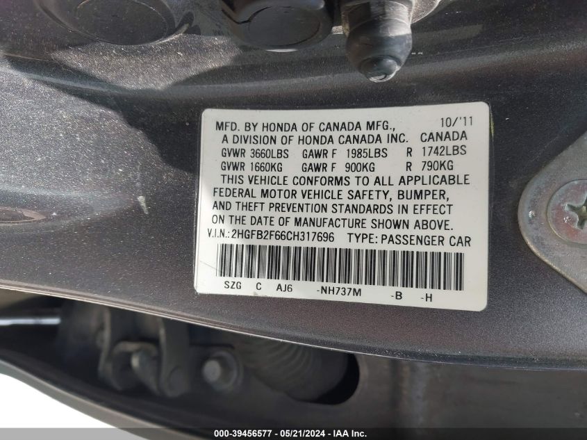 2012 Honda Civic Hf VIN: 2HGFB2F66CH317696 Lot: 39456577