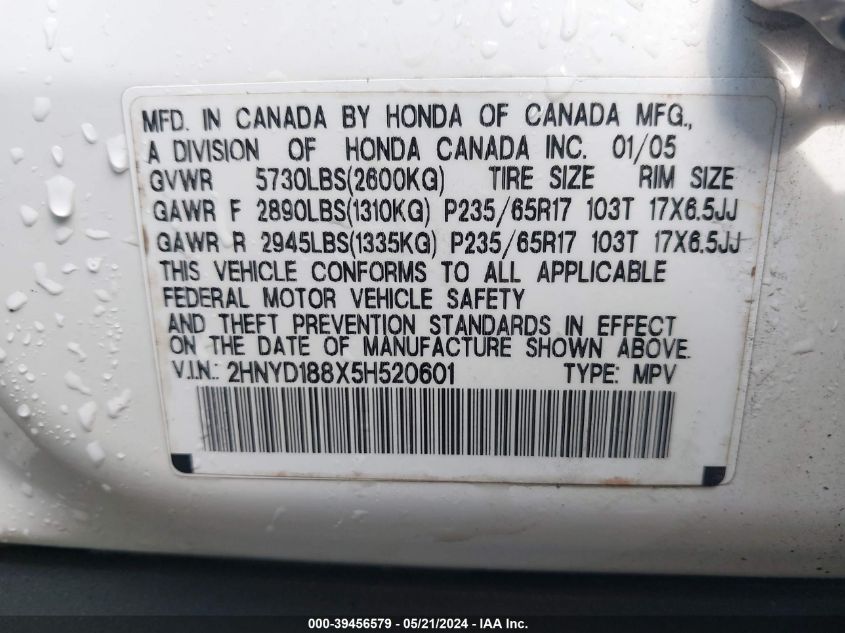 2005 Acura Mdx VIN: 2HNYD188X5H520601 Lot: 39456579
