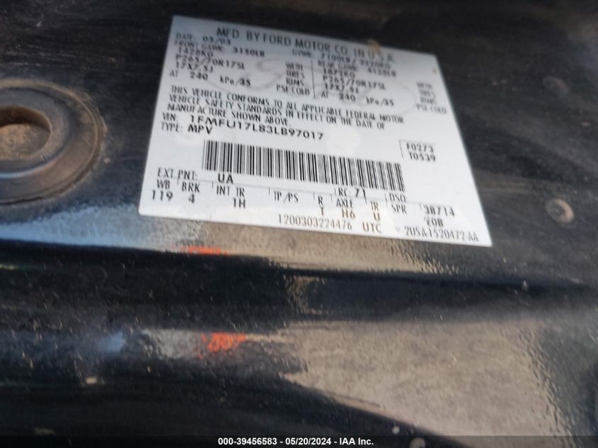 2003 Ford Expedition Eddie Bauer VIN: 1FMFU17L83LB97017 Lot: 39456583