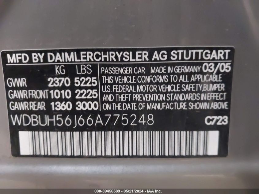 2006 Mercedes-Benz E 350 VIN: WDBUH56J66A775248 Lot: 39456589