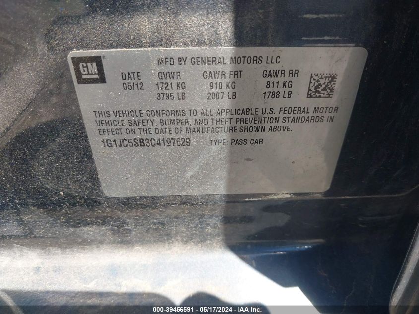 2012 Chevrolet Sonic 2Lt VIN: 1G1JC5SB3C4197629 Lot: 39456591