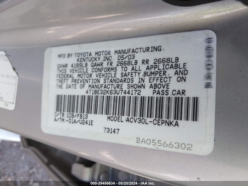 2003 Toyota Camry Le VIN: 4T1BE32K63U744172 Lot: 39456634