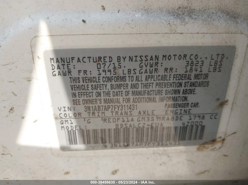 2015 Nissan Sentra S VIN: 3N1AB7AP7FY311431 Lot: 39456635