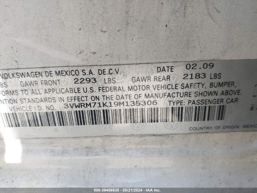 2009 Volkswagen Jetta Se/Sel VIN: 3VWRM71K19M135306 Lot: 39456638