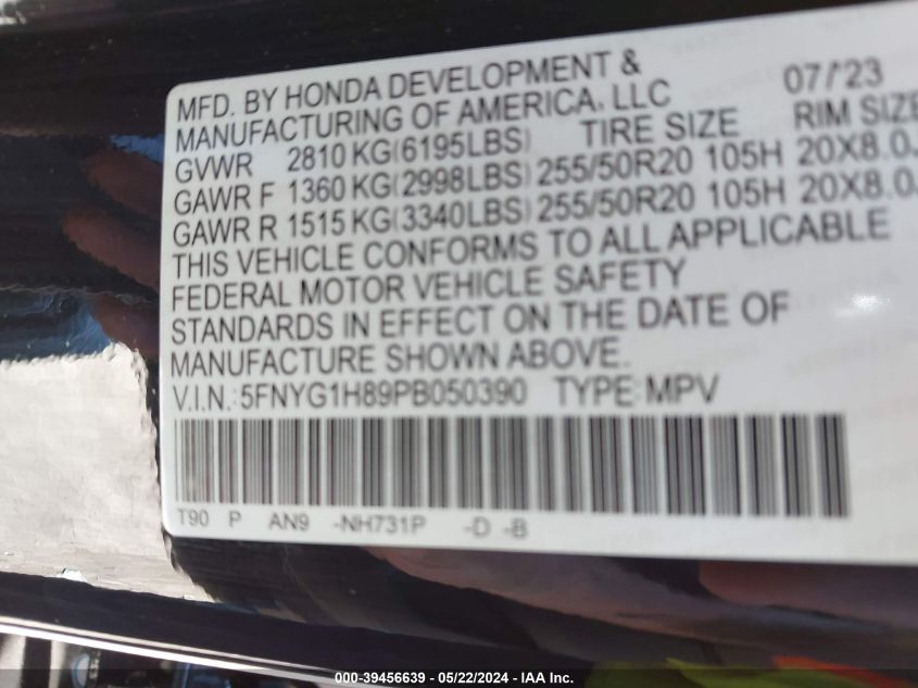 2023 Honda Pilot Awd Elite VIN: 5FNYG1H89PB050390 Lot: 39456639