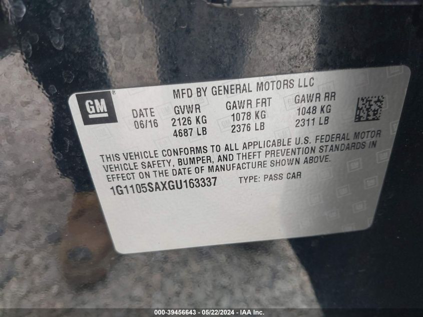 2016 Chevrolet Impala 1Lt VIN: 1G1105SAXGU163337 Lot: 39456643