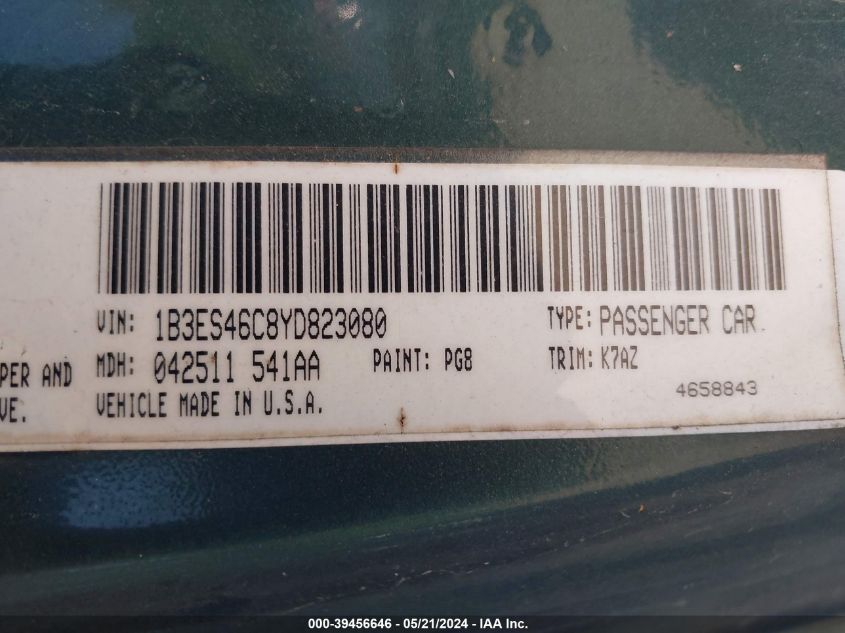 2000 Dodge Neon Highline VIN: 1B3ES46C8YD823080 Lot: 39456646