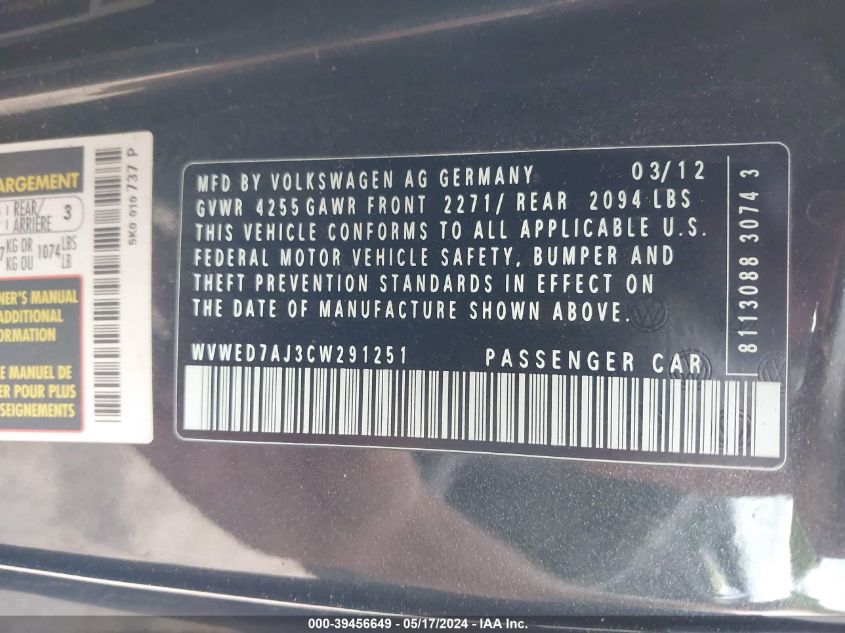 2012 Volkswagen Gti Pzev VIN: WVWED7AJ3CW291251 Lot: 39456649