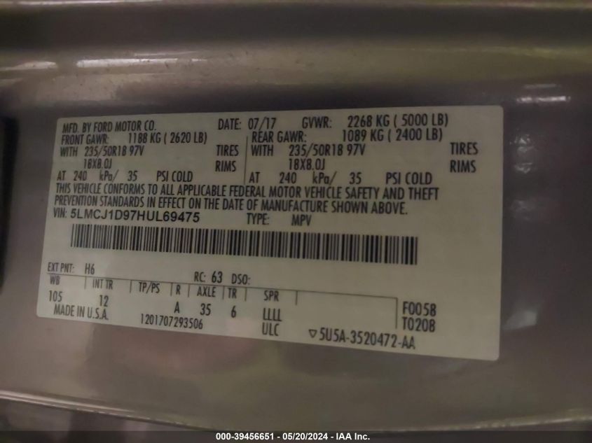 2017 Lincoln Mkc Premiere VIN: 5LMCJ1D97HUL69475 Lot: 39456651