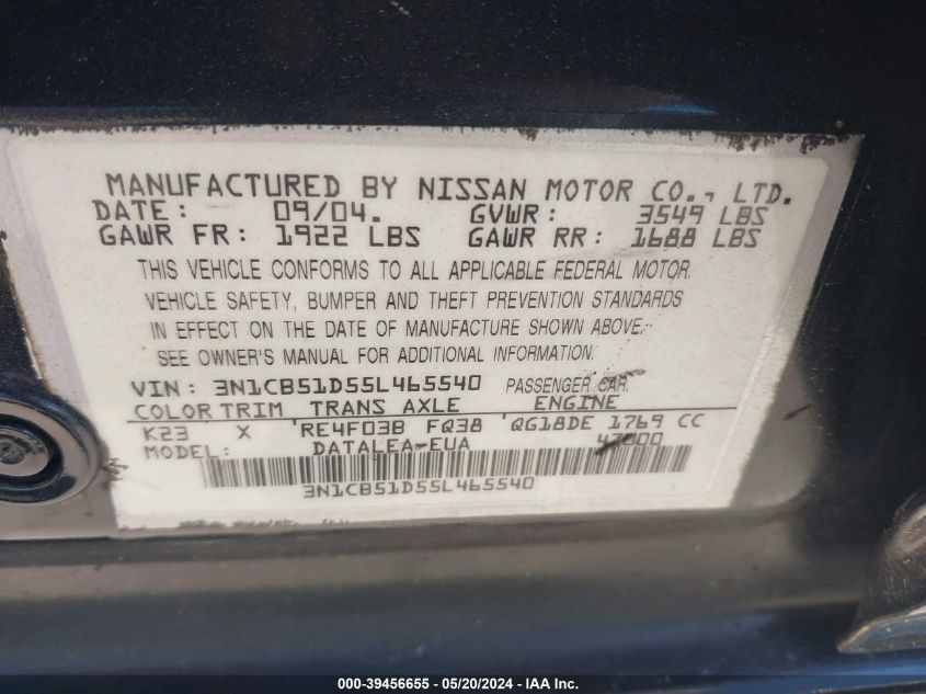 2005 Nissan Sentra 1.8S VIN: 3N1CB51D55L465540 Lot: 39456655