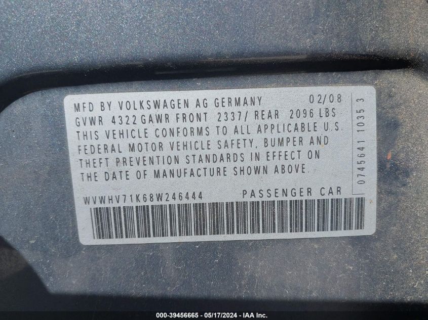 2008 Volkswagen Gti VIN: WVWHV71K68W246444 Lot: 39456665