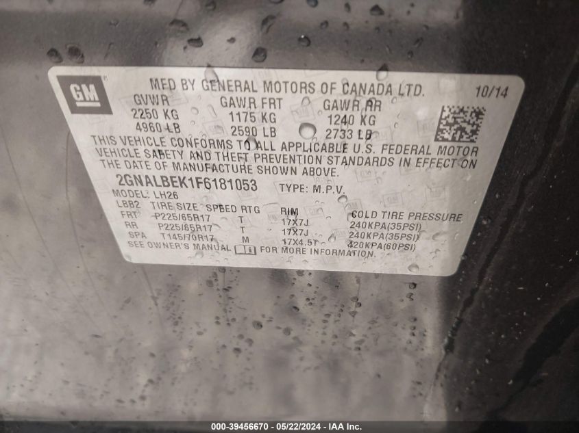 2015 Chevrolet Equinox 1Lt VIN: 2GNALBEK1F6181053 Lot: 39456670