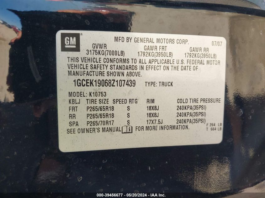 2008 Chevrolet Silverado 1500 Ltz VIN: 1GCEK19068Z107439 Lot: 39456677