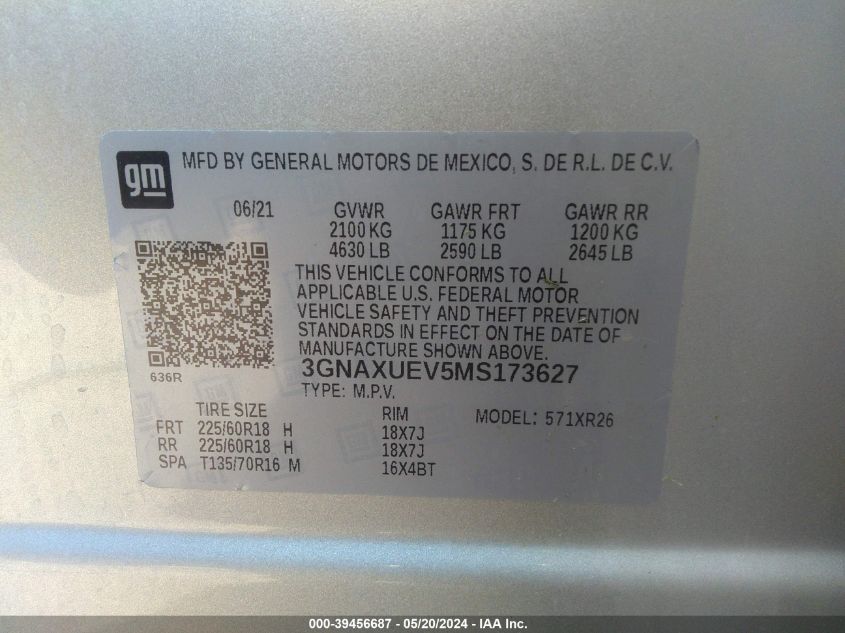 2021 Chevrolet Equinox Awd Lt VIN: 3GNAXUEV5MS173627 Lot: 39456687