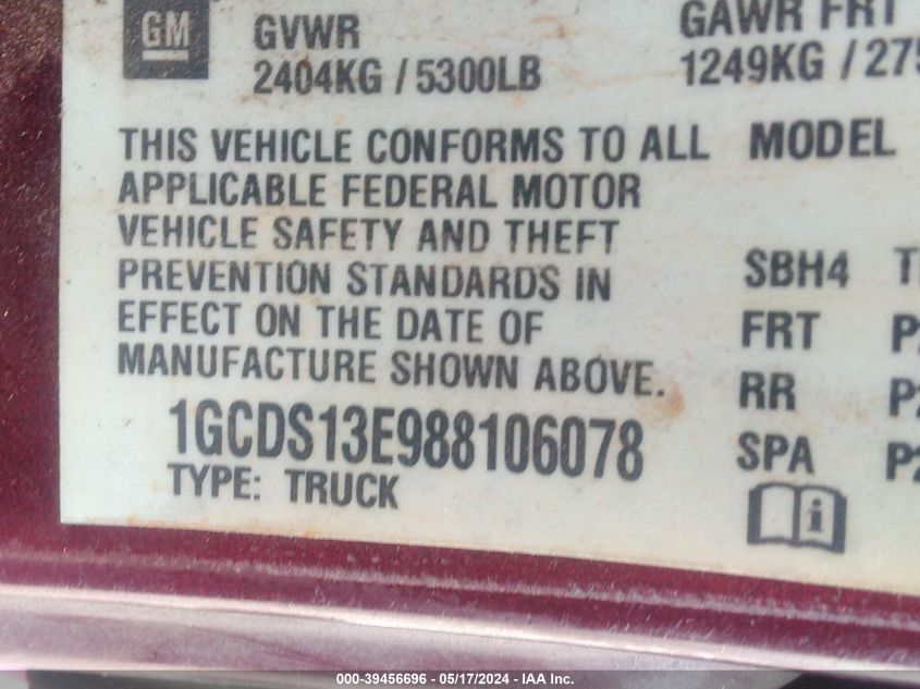 2008 Chevrolet Colorado Lt VIN: 1GCDS13E988106078 Lot: 39456696