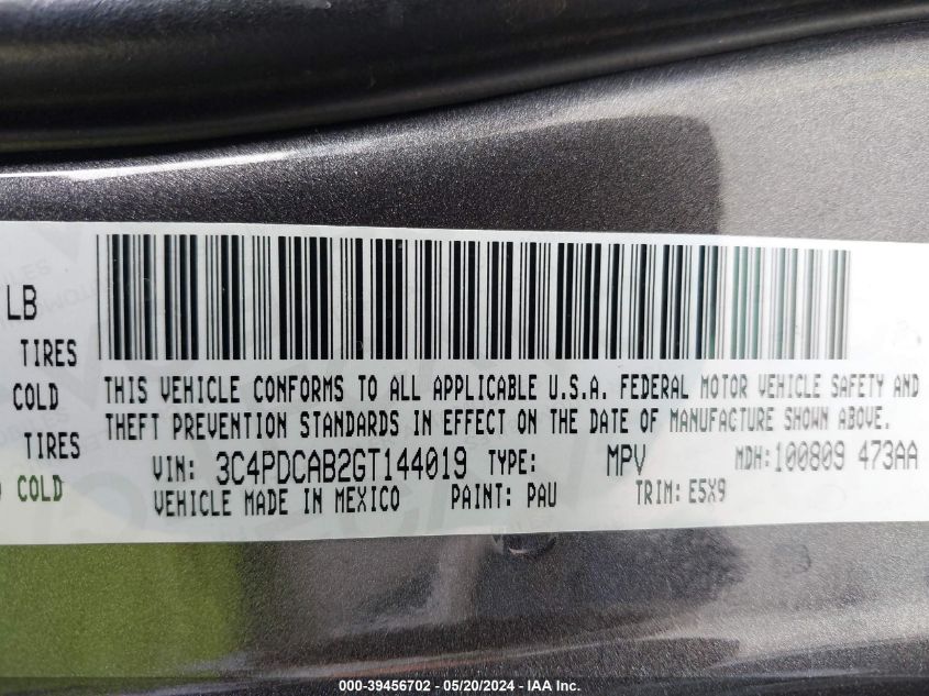 2016 Dodge Journey Se VIN: 3C4PDCAB2GT144019 Lot: 39456702