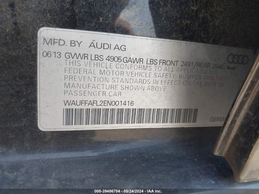 0WAUFFAFL2EN00141 2014 Audi A4 2.0T Premium