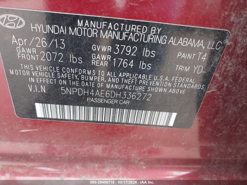 2013 Hyundai Elantra Gls VIN: 5NPDH4AE6DH336272 Lot: 39456718