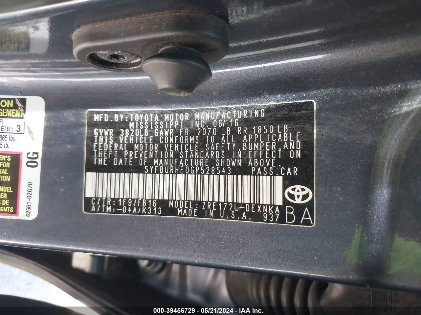 2016 Toyota Corolla Le VIN: 5YFBURHE0GP528543 Lot: 39456729