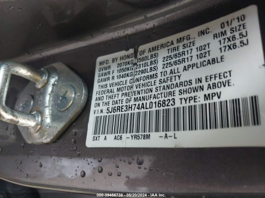 2010 Honda Cr-V Ex-L VIN: 5J6RE3H74AL016823 Lot: 39456738