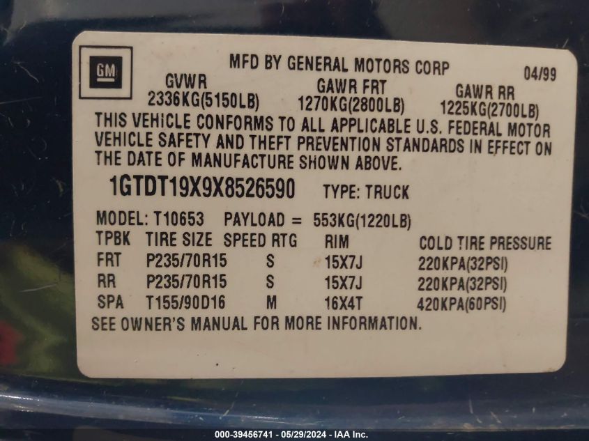 1999 GMC Sonoma Sls VIN: 1GTDT19X9X8526590 Lot: 39456741