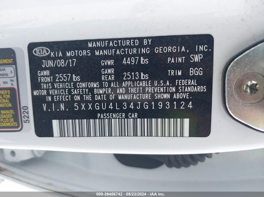 2018 Kia Optima Ex VIN: 5XXGU4L34JG193124 Lot: 39456742