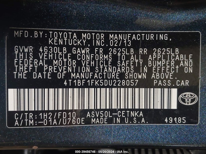 2013 Toyota Camry Le VIN: 4T1BF1FK5DU228057 Lot: 39456746