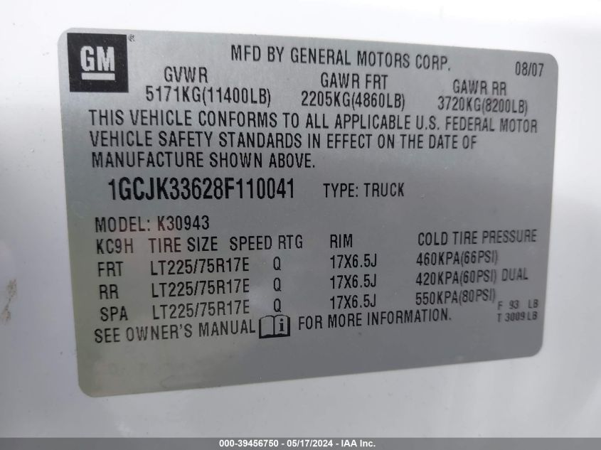 2008 Chevrolet Silverado 3500Hd Ltz VIN: 1GCJK33628F110041 Lot: 39456750