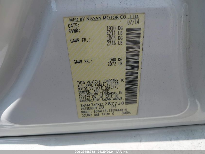 2014 Nissan Altima 2.5 Sv VIN: 1N4AL3APXEC287738 Lot: 39456758