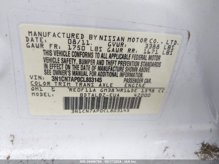 2012 Nissan Versa 1.6 Sv VIN: 3N1CN7AP0CL803145 Lot: 39456765